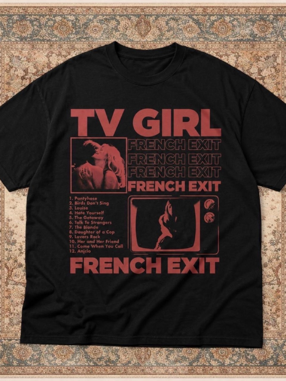 Gildan Black Tee with Red TV Girl "French Exit" Graphic